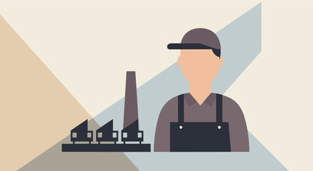 a man wearing a cap and overalls, standing next to a model of a factory with multiple smokestacks. Suitable for landing page, banner, marketing, web design, presentation, infographic, etc.