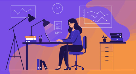 A woman is seated at a desk, working on a laptop with various office supplies and a plant nearby. Suitable for landing page, banner, marketing, web design, presentation, infographic, etc.