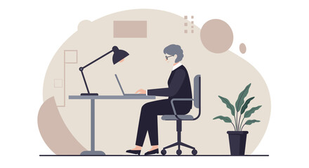 a person sitting at a desk using a laptop, with a lamp on the desk and a potted plant to the side. Suitable for landing page, banner, marketing, web design, presentation, infographic, etc.