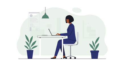 a woman seated at a desk, working on a laptop, with potted plants and a cityscape in the background. Suitable for landing page, banner, marketing, web design, presentation, infographic, etc.