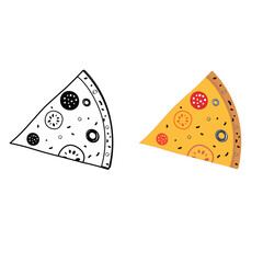 Colored and Line Art Pizza Slice Vector Illustration