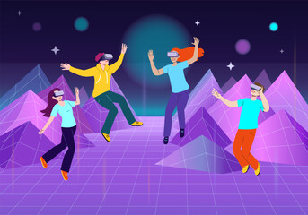 Metaverse and Virtual Reality. People wearing VR glasses and floating in cyberspace. Men and women use futuristic technologies for entertainment and visual experience. Cartoon flat vector illustration