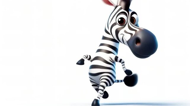 Funny clumsy zebra cartoon, cute animation on white background. Free copy space