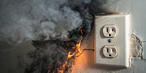 Burning Electrical Outlet Smoke, Fire, Close-up Composition, Electrical Hazard, Wall Socket, Fire Prevention Electrical Fire, Home Safety