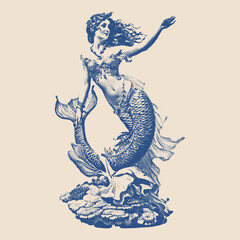 A mythological mermaid rising from the waves, elegantly posed with flowing hair and a scaly tail in vintage engraving.