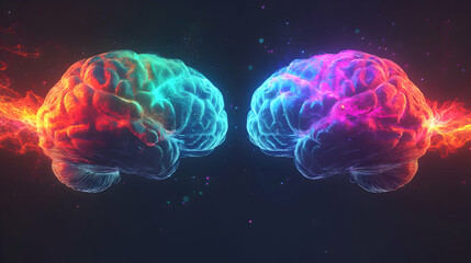 Fototapeta premium A striking 3D-rendered image of two colorful brain halves, each floating separately but connected by glowing neural pathways