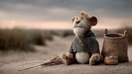 Guardian lion old guarding treasure in desert sunset with armor