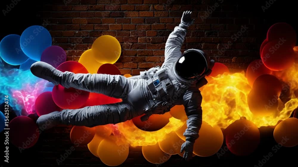 Poster astronaut floating against a vibrant background of colorful orbs and flames, creating a surreal atmo