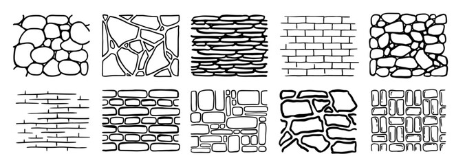 Brick and stone wall texture set. Hand drawn doodle design elements with different bricks and stones from buildings and houses. Outline vector illustration collection isolated on background