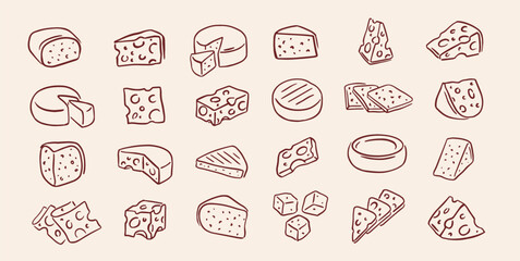 Cheese doodle icon set. Hand drawn sketches of pieces, slices and whole gouda, camembert and parmesan cheeses for cafe or restaurant menu. Outline vector illustration collection isolated on background