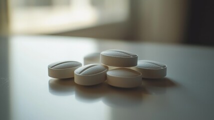 Stack of white pills on a table