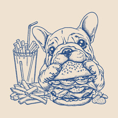 Chubby French Bulldog enjoying a massive burger with fries and a drink, drawn in a fun, whimsical vintage style.
