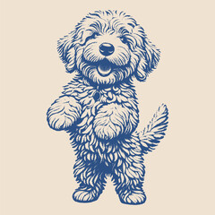 Fluffy poodle-like dog standing upright with a joyful face and curly fur, in a lively vintage illustration style.