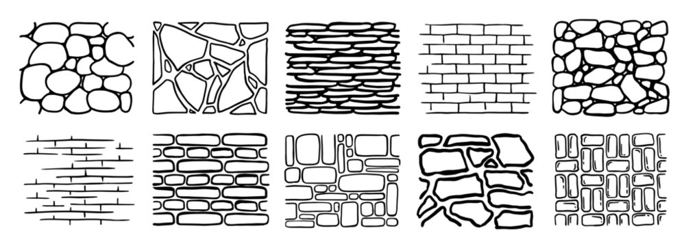 Brick and stone wall texture set. Hand drawn doodle design elements with different bricks and stones from buildings and houses. Outline vector illustration collection isolated on background