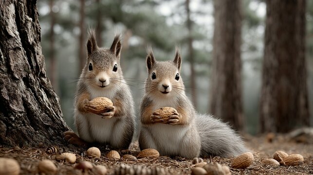 Playful squirrel young helping to gather food in forest - Powered by Adobe