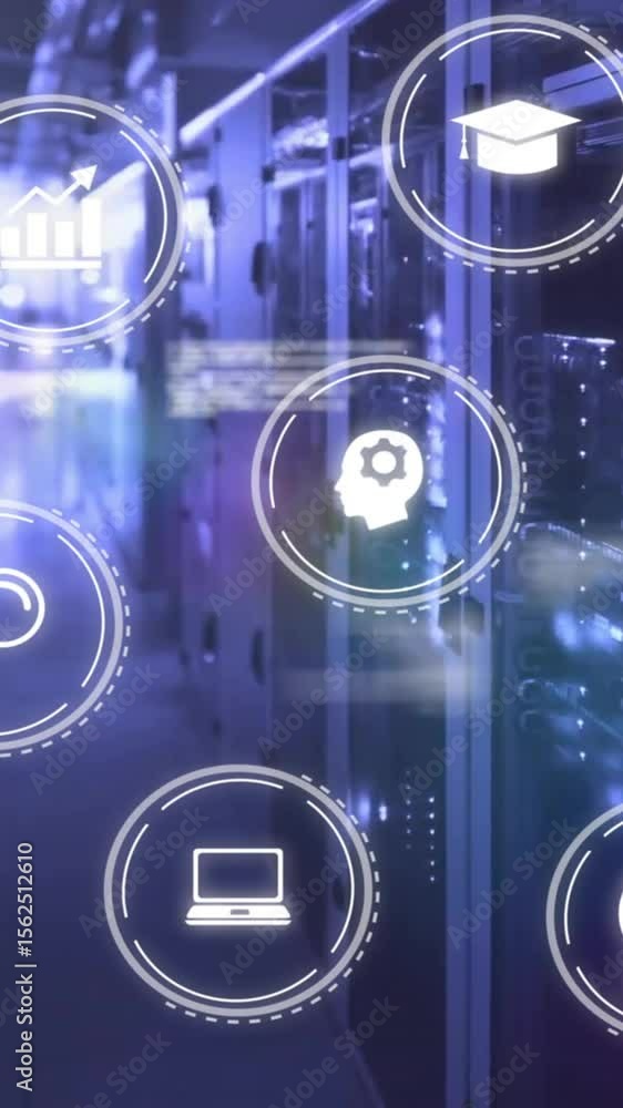 Aufkleber animation of icons and data processing over computer servers