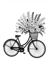 Black silhouette of a vintage bicycle filled with a large bouquet of flowers and leaves