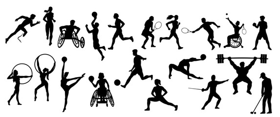 Silhouettes of people in various sports. Set of icons with male and female athletes involved in basketball, tennis, football and gymnastics. Flat vector illustration collection isolated on background