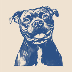 A cheerful, friendly-looking dog with floppy ears and a wide grin, illustrated in vintage blue engraving style.