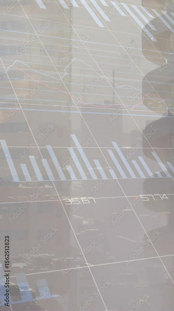 Poster Animation of charts processing data over cityscape