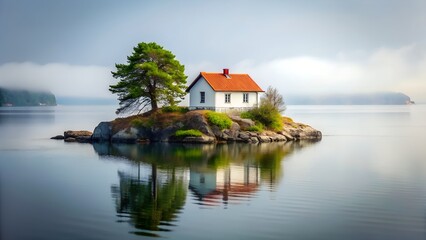 Photo of a charming white house with a rusty red roof sits peacefully on a small island in a calm lake, surrounded by lush greenery and a tranquil atmosphere