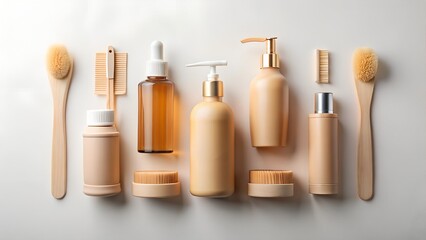 Photo of a collection of natural beige bathroom accessories, including wooden brushes and bottles, arranged neatly on a white background