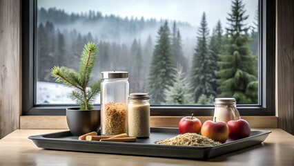 Fototapeta premium Photo of a rustic wooden tray holds various grains, apples, and a small plant, all set against a stunning winter forest view seen through a window