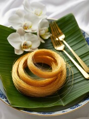 Thaifood, Golden Threads on Banana Leaf with Orchids and Gold Forks