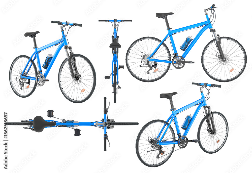 Poster blue mountain bike from multiple angles. 3d rendering isolated on transparent background