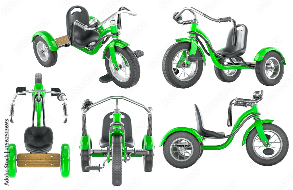 Aufkleber green kids tricycle from multiple angles. 3d rendering isolated on transparent background