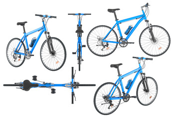 Blue mountain bike from multiple angles. 3D rendering isolated on transparent background