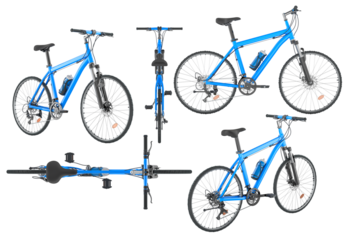 Blue mountain bike from multiple angles. 3D rendering isolated on transparent background