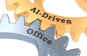 AI-driven Office, metallic gears. Integration of artificial intelligence in office workflow, concept. 3D rendering isolated on transparent background