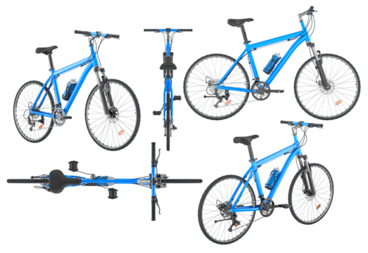 Blue mountain bike from multiple angles. 3D rendering isolated on transparent background