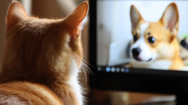 On a laptop, a video conference is being participated in by a cat and dog