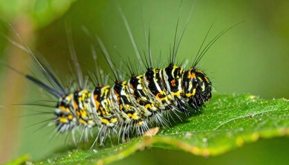 Fototapeta premium Striped Tussock Moth Caterpillar on Green Leaf