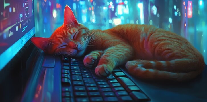 A cute ginger cat is noticed napping soundly on a white computer keyboard, creating an ambiance of quietude and restfulness in a cutting-edge work environment