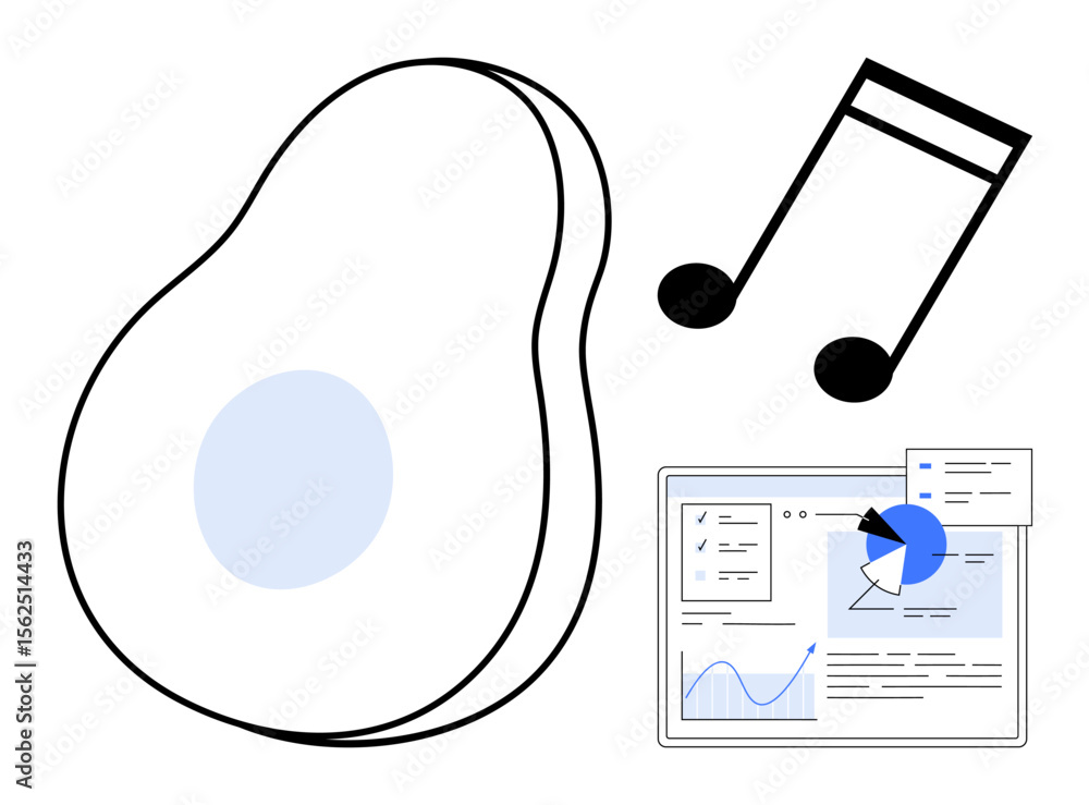 Poster avocado shape with minimalistic blue accent, two music notes, and web interface featuring charts and