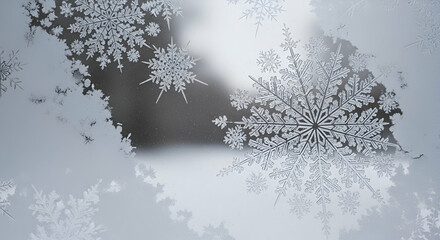 Snowflake pattern on frosted glass with a soft white and silver tone, winter background