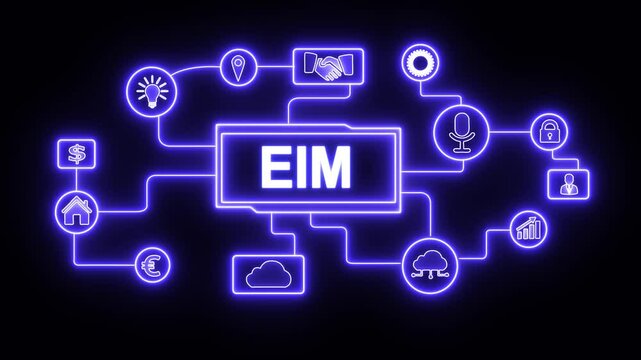 Enterprise Information Management (EIM) Concept with Glowing Network Icons Representing Business, Data, and Technology on black Background.