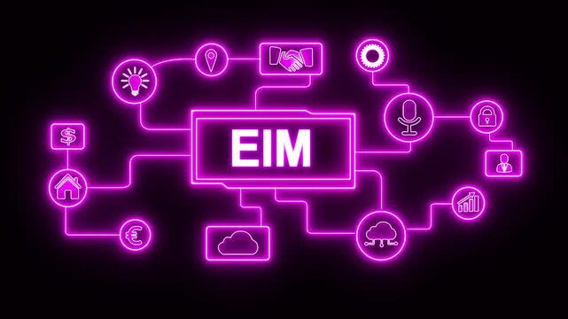 Enterprise Information Management (EIM) Concept with Glowing Network Icons Representing Business, Data, and Technology on black Background.