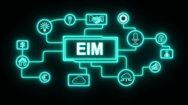 Enterprise Information Management (EIM) Concept with Glowing Network Icons Representing Business, Data, and Technology on black Background.