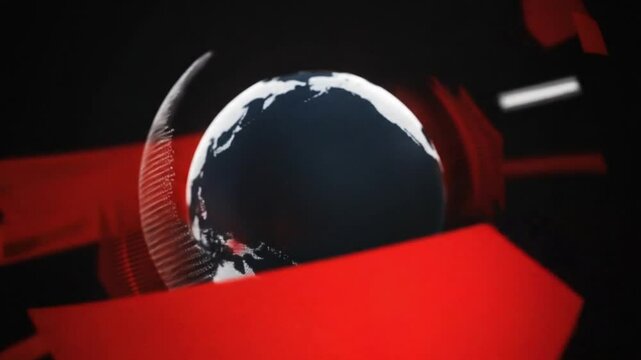 A digital globe emerges dynamically from abstract red graphics on a dark background, representing global news and broadcast technology with copy sp...