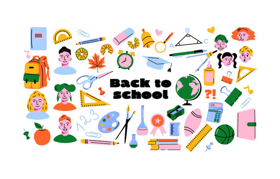Back to School Sticker Set in Retro 90s Style.Funky student characters, school supplies, and classroom vibes.Bright, colorful vector illustrations for office, study, and learning themes. 