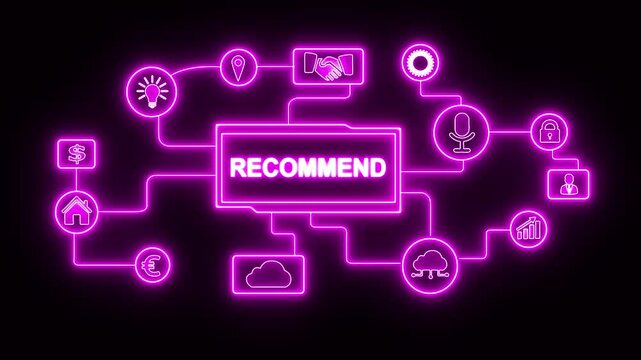 The word Recommendation on the virtual black background with alpha channel. Business, Technology, Internet and network concept. 4k video motion