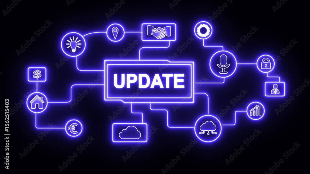 Poster glowing neon update software computer program upgrade concept animated. business, technology, intern