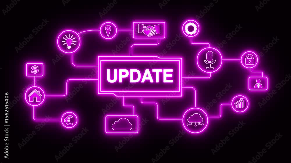 Poster glowing neon update software computer program upgrade concept animated. business, technology, intern
