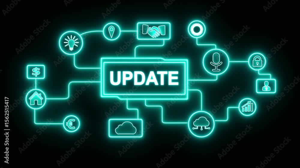 Poster glowing neon update software computer program upgrade concept animated. business, technology, intern