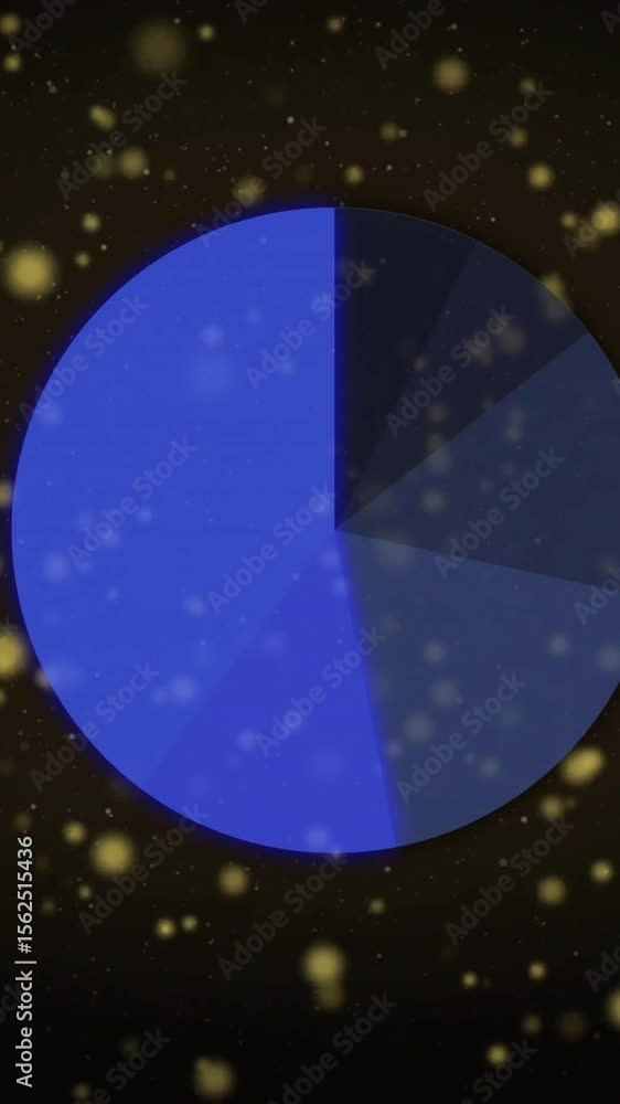 Poster animation of pie chart and digital data processing over glowing spots on dark background