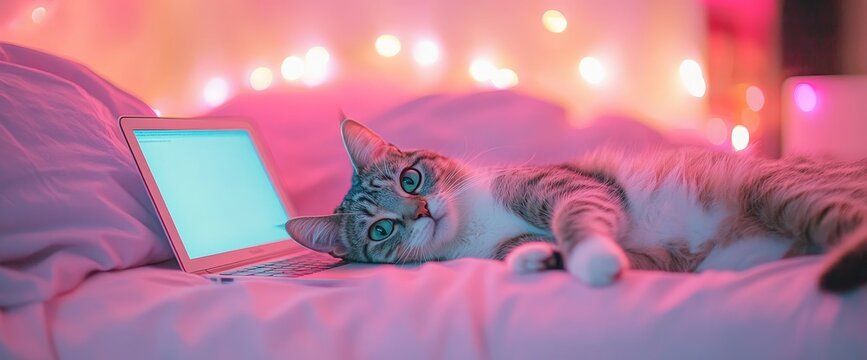 On a pink background with selective focus, a beautiful gray tabby cat is captured lying with a laptop, a funny and adorable pet